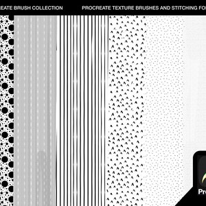 May include: A collection of Procreate texture brushes for fashion design. The brushes include a variety of patterns, such as polka dots, stripes, and triangles. The brushes are designed to be used for creating realistic textures for clothing, fabrics, and other fashion elements.