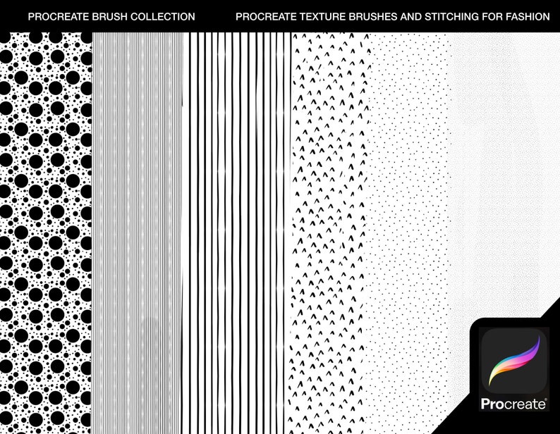 May include: A collection of Procreate texture brushes for fashion design. The brushes include a variety of patterns, such as polka dots, stripes, and triangles. The brushes are designed to be used for creating realistic textures for clothing, fabrics, and other fashion elements.