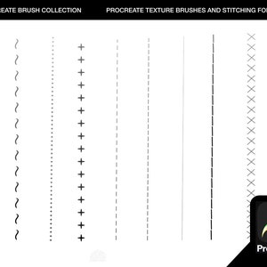 May include: A collection of Procreate brush textures for fashion design. The image shows different stitching styles, including dashed lines, solid lines, and cross-stitch patterns.
