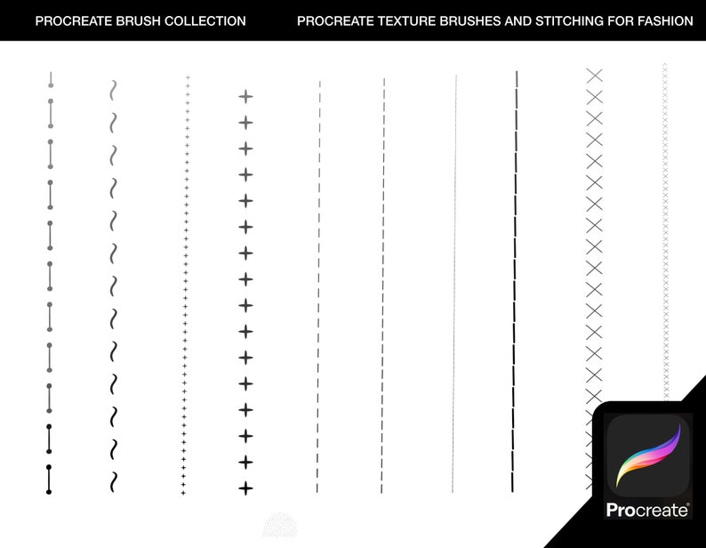 May include: A collection of Procreate brush textures for fashion design. The image shows different stitching styles, including dashed lines, solid lines, and cross-stitch patterns.
