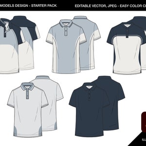 May include: A collection of polo shirt designs in various color combinations, including light blue, navy, and white. The image shows front and back views of the shirts, with the text "POLO MODELS DESIGN - STARTER PACK" and "EDITABLE VECTOR, JPEG - EASY COLOR CHNAGE".