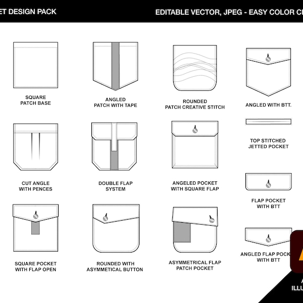 Zakken Pack Fashion Design Template - Platte schets Technische tekening - Illustrator Ai. PDF-vector direct downloadbestand