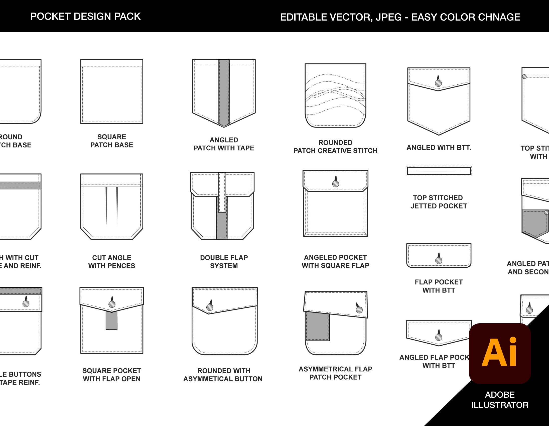 Pockets Pack Fashion Design Template - Flat Sketch Technical Drawing -  Illustrator Ai. PDF Vector Instant Download File