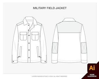 Military Field Jacket Vector Mockup: Fashion Illustrator Tech Pack