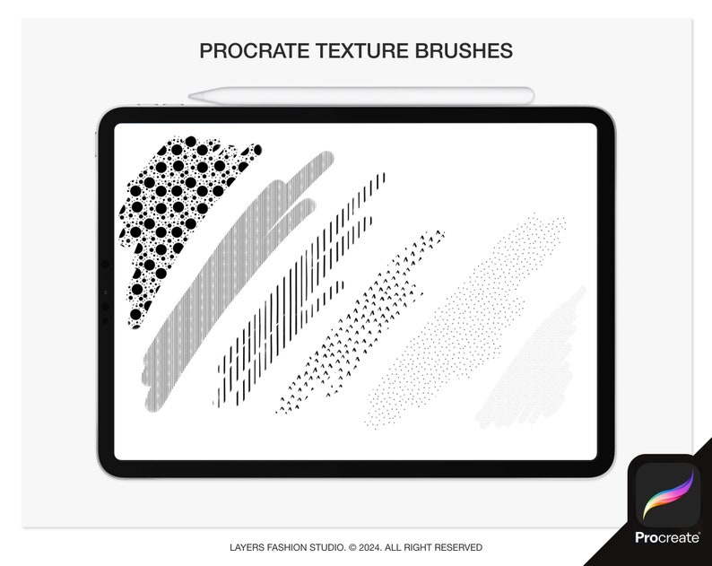 May include: A digital tablet screen displaying a set of Procreate texture brushes. The brushes include a black and white polka dot pattern, a black and white striped pattern, a black and white stippled pattern, and a gray and white stippled pattern.