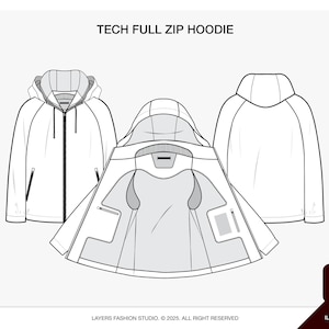 May include: Technical illustration of a white full-zip hoodie, showcasing front, inside, and back views. Features a hood, pockets, and a zipper closure. The text "TECH FULL ZIP HOODIE" is at the top. Adobe Illustrator logo is in the bottom right corner.