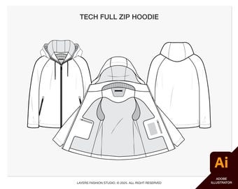 Full-Zip Hoodie Tech Pack: Editable AI Vector File (Digital Download)