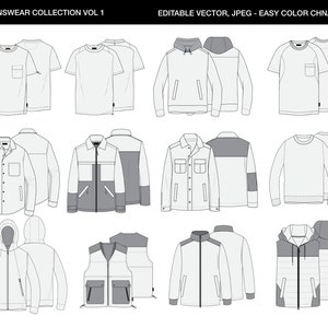 以下が含まれることがあります： Tシャツ、スウェットシャツ、ジャケット、ベストなど、12種類のメンズウェアデザインのコレクション。デザインはすべてシンプルでミニマルなスタイルで、あなた自身のカスタムウェアを作成するのに最適です。