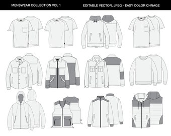 Disegni tecnici piatti - COLLEZIONE Abbigliamento uomo I (12 schizzi vettoriali in bianco e nero)