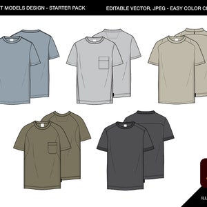 May include: A set of six t-shirt designs in various colors, including light blue, gray, beige, olive green, and black. Each design features a simple crew neck and short sleeves. Two of the designs include a pocket on the left side of the chest. The text "T-SHIRT MODELS DESIGN - STARTER PACK" appears at the top of the image. The text "EDITABLE VECTOR, JPEG - EASY COLOR CHANGE" appears at the top right of the image. The Adobe Illustrator logo appears in the bottom right corner of the image.