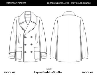 Peacoat Fashion Flat Sketch: Vector Template (AI, JPEG)