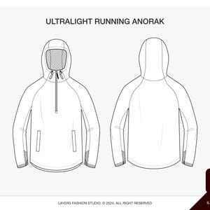 Könnte beinhalten: Technische Zeichnung eines ultraleichten Laufanoraks, Vorder- und Rückansicht. Der Anorak hat eine Kapuze, einen halben Reißverschluss und Taschen. Der Text "ULTRALIGHT RUNNING ANORAK" steht oben. Adobe Illustrator Logo unten rechts.