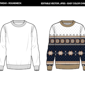 Op de afbeelding: Twee illustraties van een trui met lange mouwen. De trui aan de linkerkant is effen wit. De trui aan de rechterkant heeft een blauw, wit en bruin geometrisch patroon.