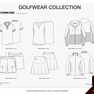 Pode incluir: Uma coleção de designs de roupas de golfe para mulheres, incluindo uma camisa polo, uma regata, um moletom com capuz, shorts, uma saia e uma jaqueta. Os designs são mostrados em um estilo de desenho plano.
