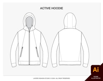 Active Hoodie Vector Mockup: Fashion Illustrator Tech Pack (AI, JPEG)