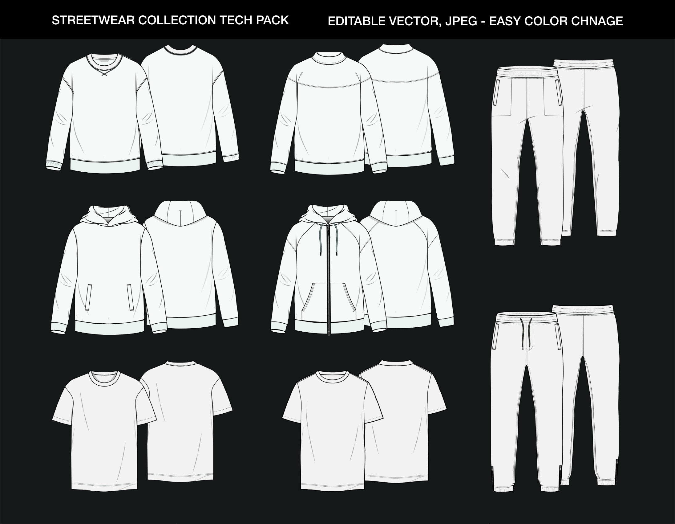 Streetwear Vector Mockup Pack Template Fashion Illustrator Tech Pack