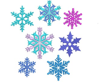 May include: Seven different snowflake designs in various shades of blue, purple, and pink. The snowflakes are embroidered and have a variety of intricate patterns.