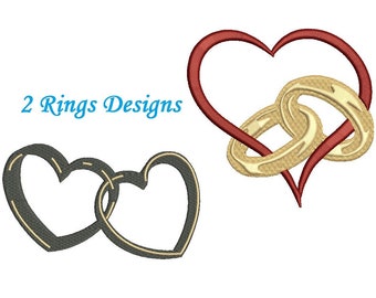 Wedding Ring Embroidery Design - 2 designs - heart rings Embroidery instant download