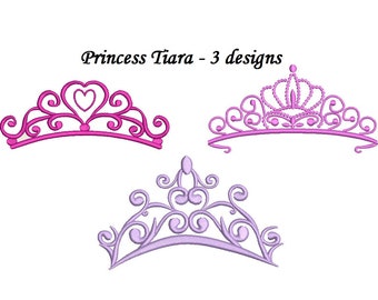 May include: Three different designs of princess tiaras. The first tiara is pink with a heart in the center. The second tiara is pink with a large center piece and a row of small beads. The third tiara is purple with a more ornate design.
