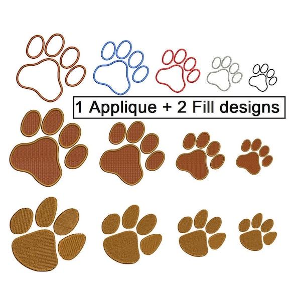 Digital Download PAW Print Design - Applique + 2 x Fill designs total 3 designs Instant Download Paw Print Embroidery