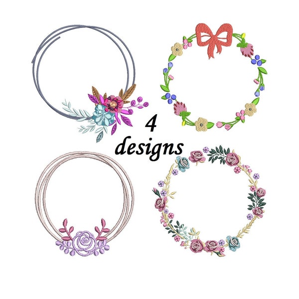 Floral Wreath Embroidery Design - set of 4 designs - FONT included christmas bow Instant Download
