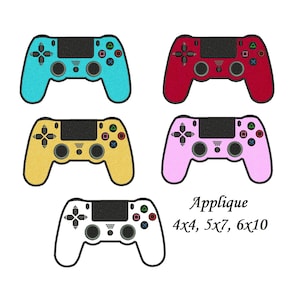May include: Four different coloured video game controllers. The controllers are turquoise, red, yellow, and pink. The controllers are all the same design and have the same buttons. The text "Applique 4x4, 5x7, 6x10" is below the controllers.
