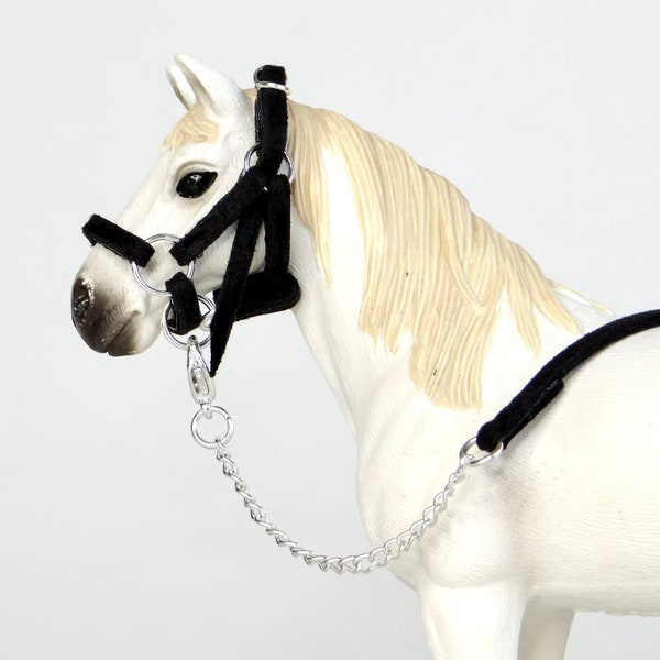 Handmade Schleich CollectA Papo etc 1:24 Scale Halter + Chain Leadrope Model Horse Tack *Choose Colour*