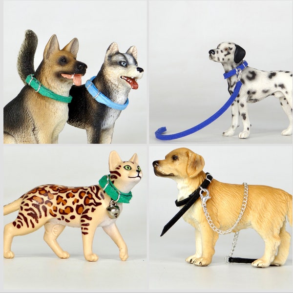 Schleich Papo CollectA etc Dolls House Miniatures Model Dog Cat Accessories Collar Lead Handmade *Choose Colours*