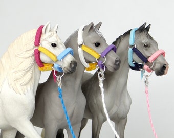 Handmade Schleich CollectA etc 1:24 Scale 3-Colour Halter + Embroidery Lead Model Horse Tack *Choose Colour*