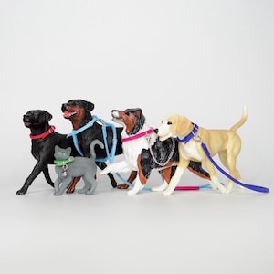 May include: A group of toy dogs and a cat, each with a lead and collar. The dogs are black, brown, and tan, with a grey cat in the centre. The collars and leads are various colours, including red, blue, and pink.