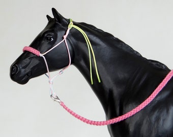 Breyer Traditional Handmade 1:9 Scale Model Horse Tack Light Blue/Light Pink/Yellow Rope Halter with Braided Noseband + Leadrope
