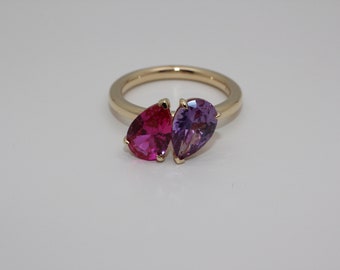 Toi Et Moi Solid 10K Yellow Gold Pear Synthetic Sapphire Ring - 50 TREES PLANTED