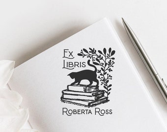 Cat on the Books Custom Ex Libris Stamp, Black Cat Bookplate Stamp, Mystical Book Stamp, Library Stamp, Book lovers Gift  -2038080720-