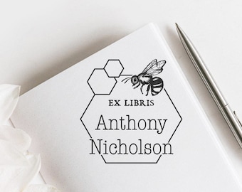 Hexagonal Custom Ex Libris Stamp, Bee Custom Library Stamp, Book Stamp, Custom Bookplate, Custom Gift Stamp -1009010720-