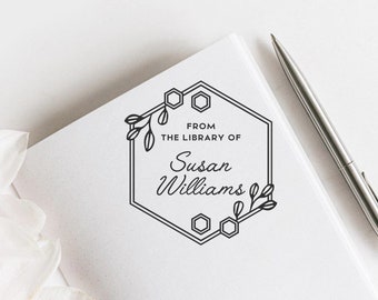 Hexagonal Hive Custom Ex Libris Stamp, Bee Custom Library Stamp, Floral Book Stamp, Nature Custom Bookplate, Custom Gift Stamp  -1037110720-