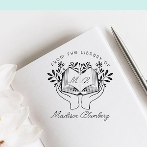 Hands Holding Book Custom Ex Libris Stamp, From the Library ofBook Stamp, Floral Book Stamp, Library Stamp, Book lovers Gift  -2246060720-