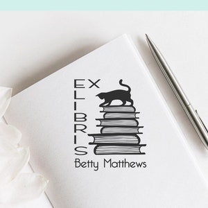 Cat on the Books Custom Ex Libris Stamp, Black Cat Bookplate Stamp, Mystical Book Stamp, Library Stamp, Book lovers Gift  -1257110720-