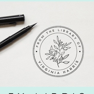Aangepaste ronde ex-librisstempel, botanische aangepaste boekstempel, personaliseerbare bibliotheekstempel, cadeau-idee voor boekenliefhebbers -1322060819-