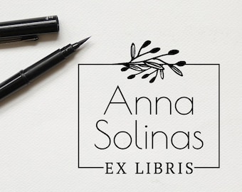 Custom Square Ex Libris Stamp, Botanical Custom Book Stamp, Personalizable Library Stamp, Booklovers Gift Idea  -1347060819-