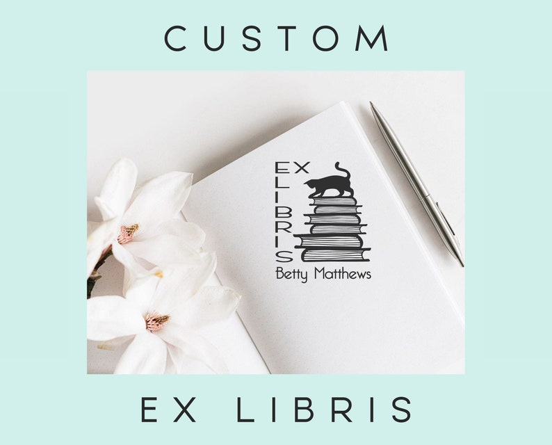 Cat on the Books Custom Ex Libris Stamp, Black Cat Bookplate Stamp, Mystical Book Stamp, Library Stamp, Book lovers Gift 1257110720 image 1