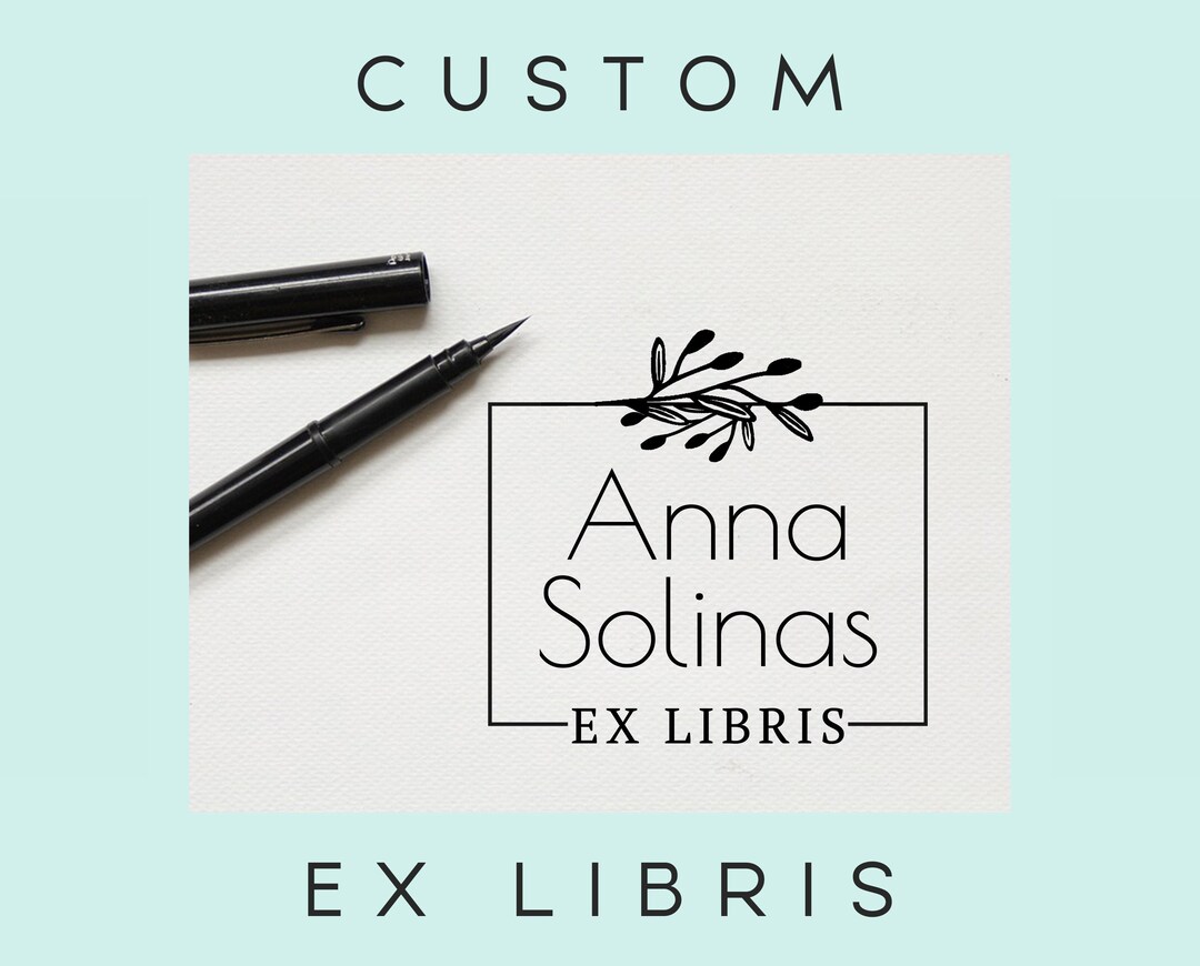 Custom Square Ex Libris Stamp, Botanical Custom Book Stamp
