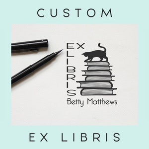 Cat on the Books Custom Ex Libris Stamp, Black Cat Bookplate Stamp, Mystical Book Stamp, Library Stamp, Book lovers Gift 1257110720 image 2