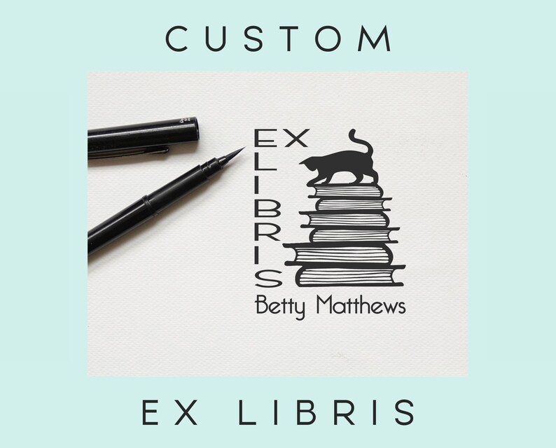 Cat on the Books Custom Ex Libris Stamp, Black Cat Bookplate Stamp, Mystical Book Stamp, Library Stamp, Book lovers Gift 1257110720 image 2