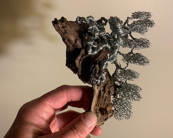 Cascading Wire Bonsai Tree Rooted On Driftwood - Wire Tree Wall Art