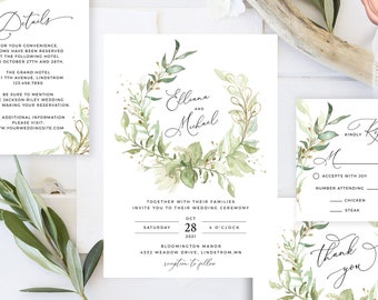 Boho Wedding Invitation Set with Pastel Greenery Wreath • Printable Template Invite Bundle is Easy to Edit!