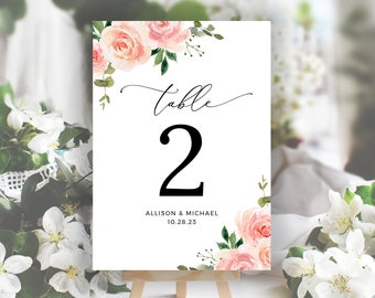 Blush Pink Wedding Table Numbers, Table Number Template, Wedding Table Number Cards, 4x6 5x7 Editable Table Number Templates, Printable