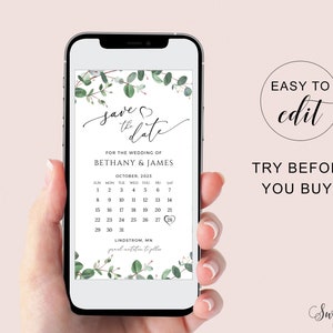 Electronic Save the Date Template, Eucalyptus Evite for Mobile Phone, Greenery Digital Save the Date for Smartphones, Editable Template