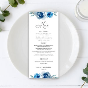 Menu Card for Weddings, Blue Wedding Menu Cards, Dinner Menu Templates in 2 Sizes, Printable, Editable with Templett