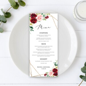 Wedding Menu Cards, Menu Cards for Wedding, Burgundy Blush Menu Templates in 2 Sizes, Reception Menu Card, Editable, Printable