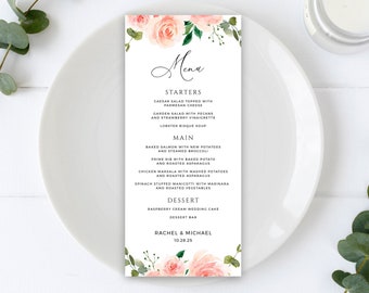 Menu Card Template, Pink Blush Wedding Menu Cards, Menu Templates in 2 Sizes, Wedding Dinner Menu, Printable Editable with Templett